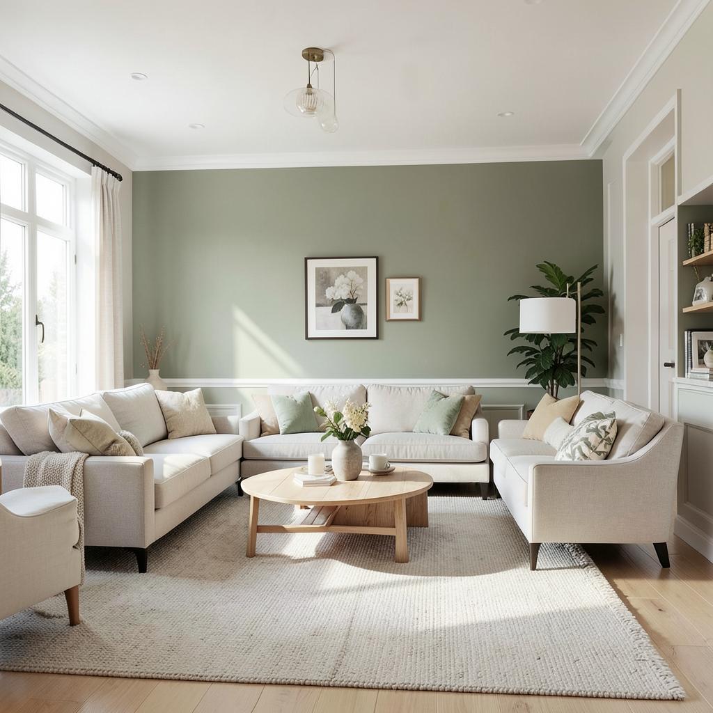 Living room with sage green feature wall and white trim, freshly painted