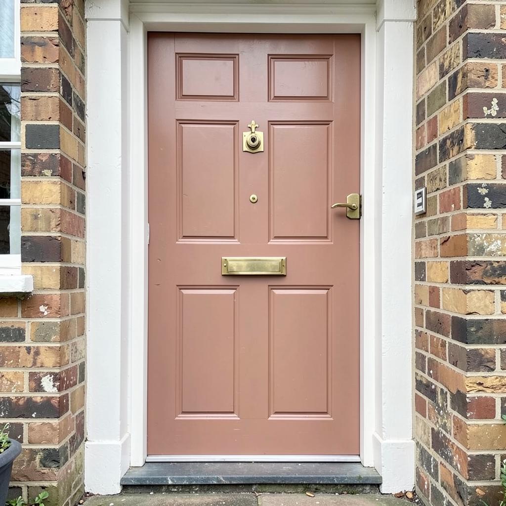 Front door painted in muted clay red with brass letterbox