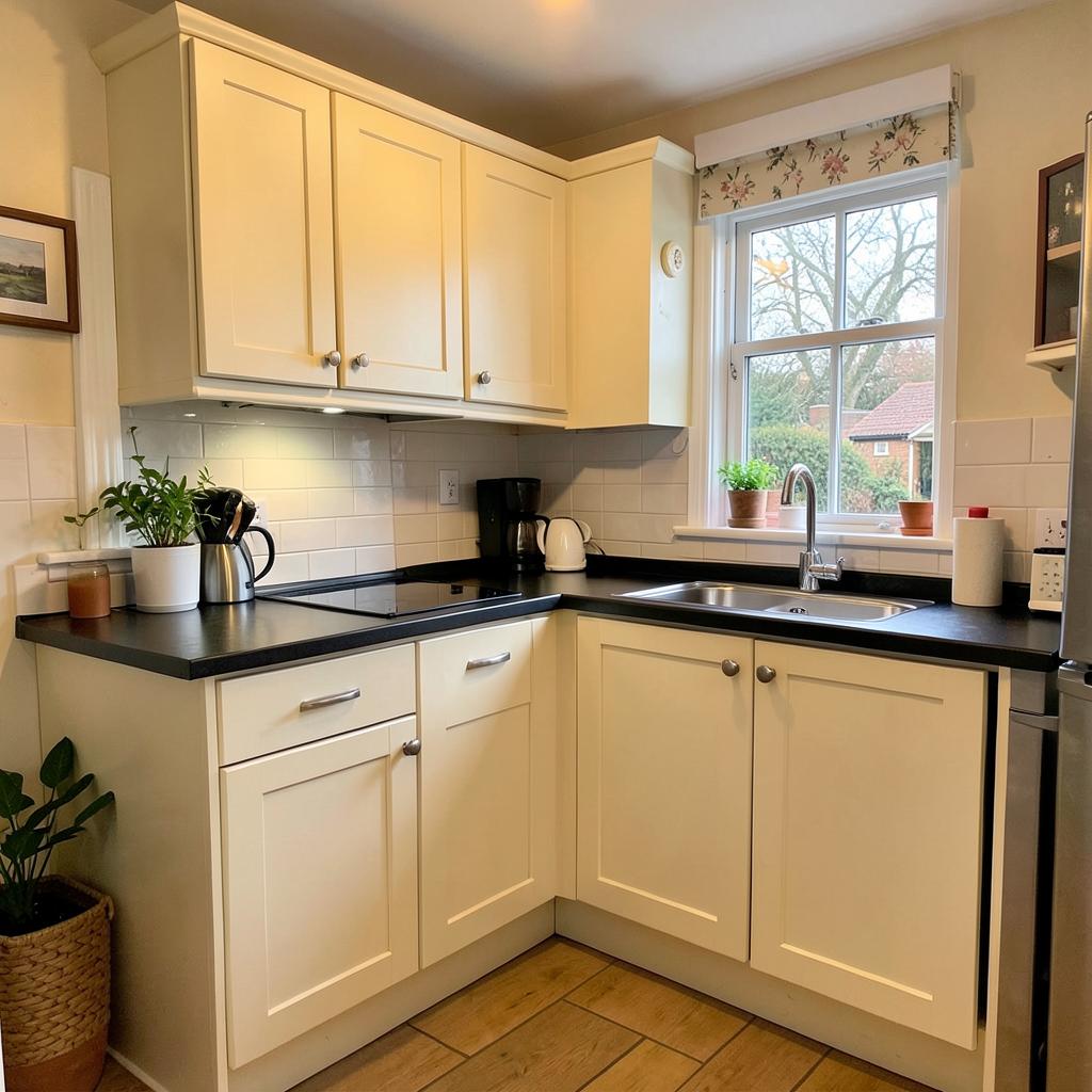 Kitchen with freshly painted cream cabinetry