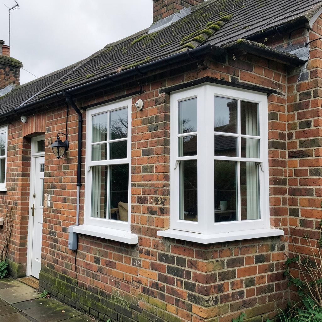Brick cottage with freshly painted white window frames